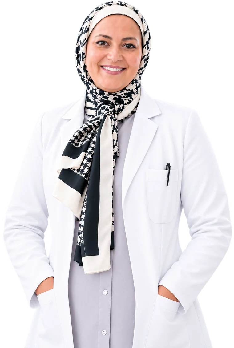Eman Desoky, founder of EB Pharma Innovation, in a laboratory coat