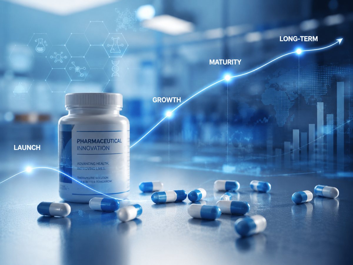 A pharmaceutical product on a development curve from launch to long-term growth